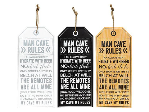 MAN CAVE RULES 22X55CM PLAQUE AVAILABLE IN 3 DIFFERENT COLOURS